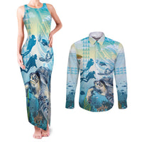Personalized Snorkeling Hawaii Couples Matching Tank Maxi Dress and Long Sleeve Button Shirt Ocean Lover Hawaiian Kakau Honu Turtle LT14 Cyan - Polynesian Pride