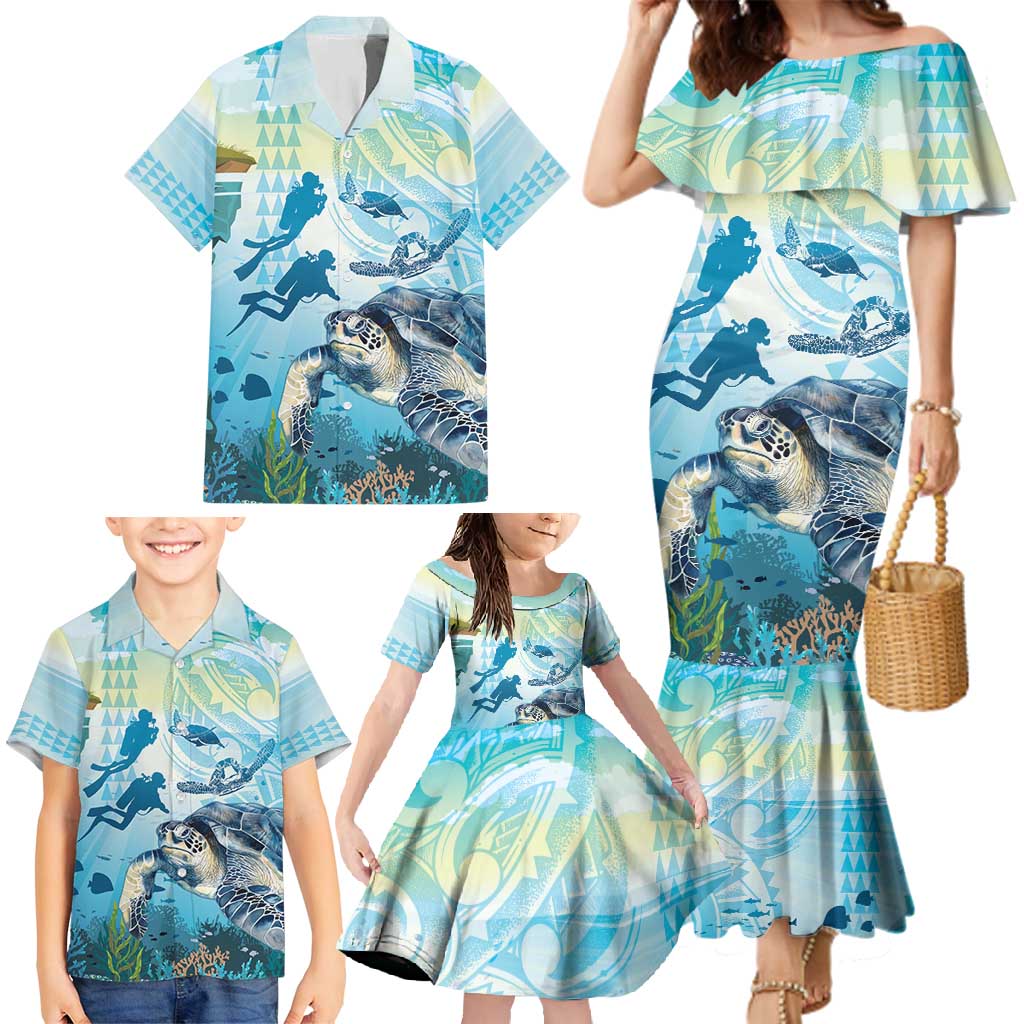 Personalized Snorkeling Hawaii Family Matching Mermaid Dress and Hawaiian Shirt Ocean Lover Hawaiian Kakau Honu Turtle LT14 - Polynesian Pride
