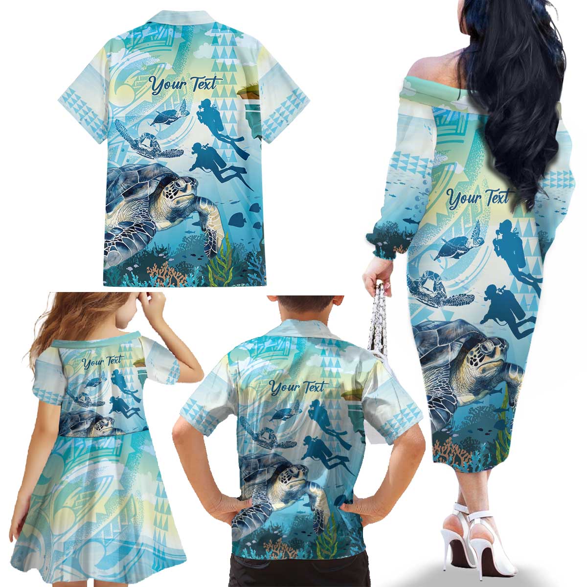 Personalized Snorkeling Hawaii Family Matching Off The Shoulder Long Sleeve Dress and Hawaiian Shirt Ocean Lover Hawaiian Kakau Honu Turtle LT14 - Polynesian Pride