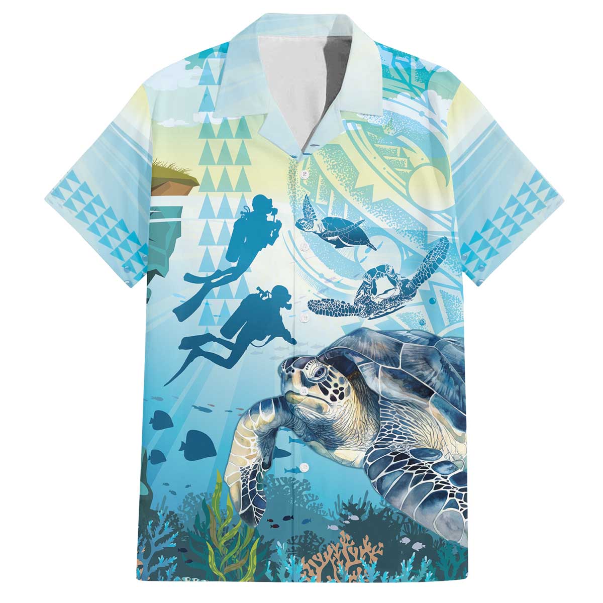 Personalized Snorkeling Hawaii Family Matching Off The Shoulder Long Sleeve Dress and Hawaiian Shirt Ocean Lover Hawaiian Kakau Honu Turtle LT14 Dad's Shirt - Short Sleeve Cyan - Polynesian Pride