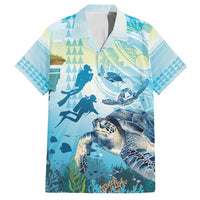Personalized Snorkeling Hawaii Family Matching Off Shoulder Maxi Dress and Hawaiian Shirt Ocean Lover Hawaiian Kakau Honu Turtle LT14 Dad's Shirt - Short Sleeve Cyan - Polynesian Pride