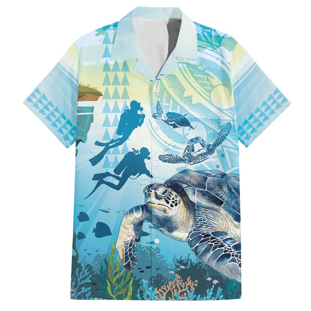 Personalized Snorkeling Hawaii Family Matching Off Shoulder Short Dress and Hawaiian Shirt Ocean Lover Hawaiian Kakau Honu Turtle LT14 Dad's Shirt - Short Sleeve Cyan - Polynesian Pride