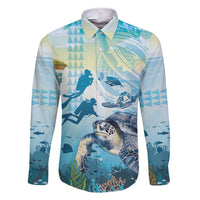 Personalized Snorkeling Hawaii Family Matching Short Sleeve Bodycon Dress and Hawaiian Shirt Ocean Lover Hawaiian Kakau Honu Turtle LT14 Dad's Shirt - Long Sleeve Cyan - Polynesian Pride