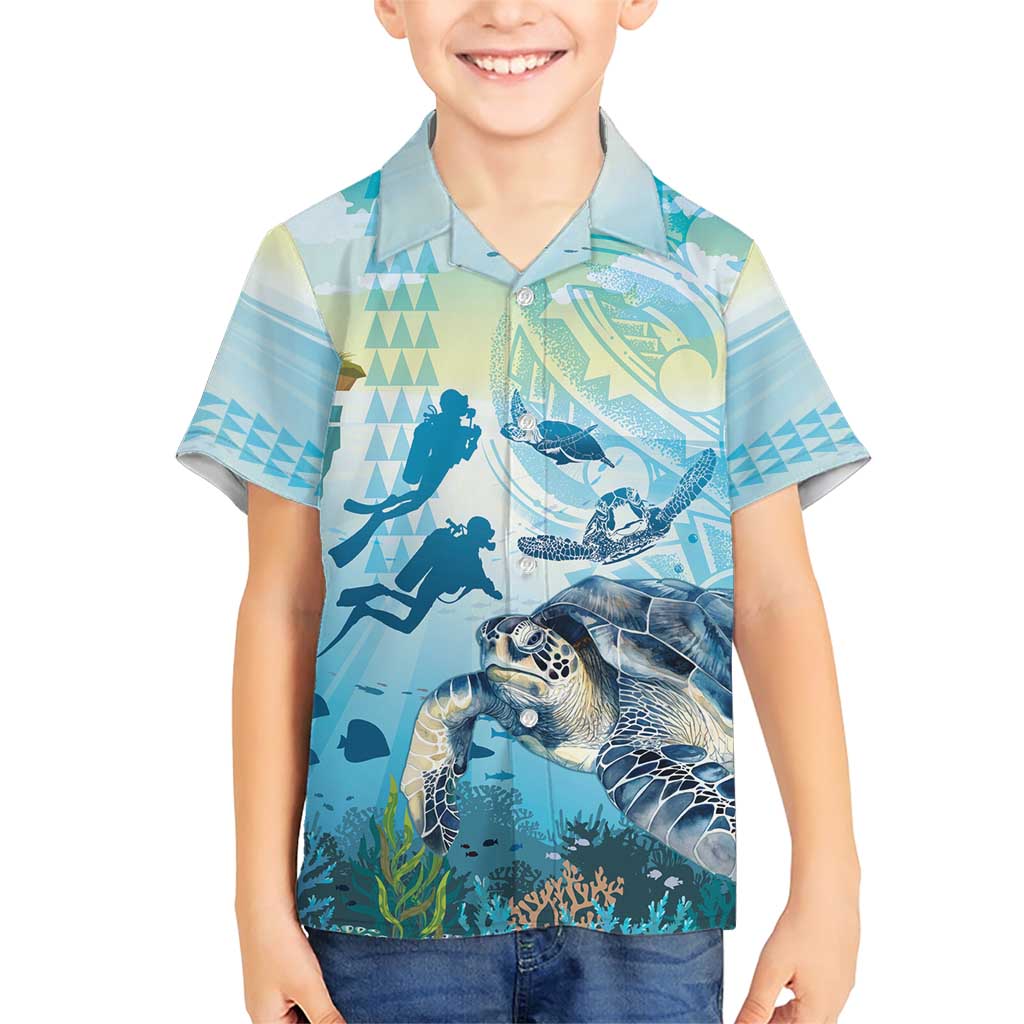 Personalized Snorkeling Hawaii Family Matching Short Sleeve Bodycon Dress and Hawaiian Shirt Ocean Lover Hawaiian Kakau Honu Turtle LT14 Son's Shirt Cyan - Polynesian Pride