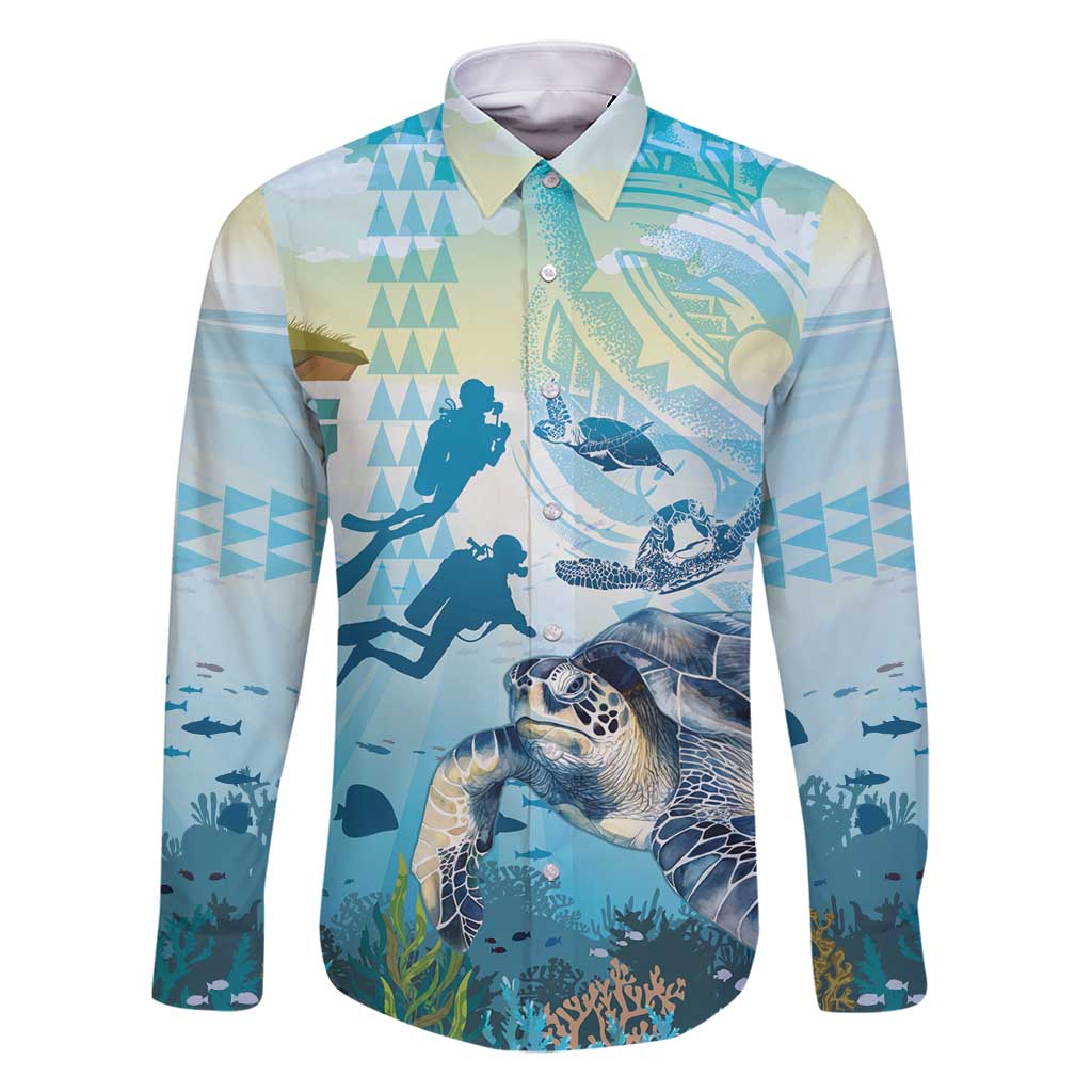 Personalized Snorkeling Hawaii Family Matching Summer Maxi Dress and Hawaiian Shirt Ocean Lover Hawaiian Kakau Honu Turtle LT14 Dad's Shirt - Long Sleeve Cyan - Polynesian Pride