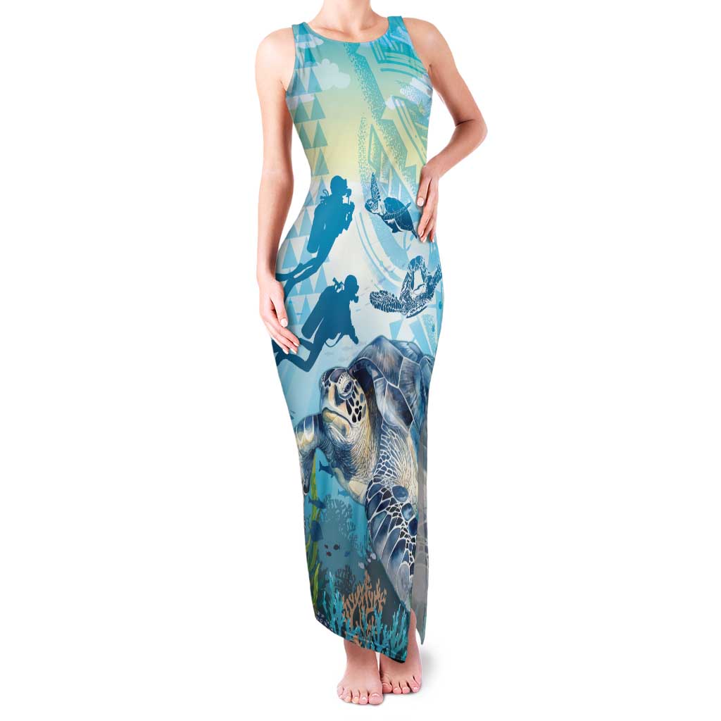 Personalized Snorkeling Hawaii Family Matching Tank Maxi Dress and Hawaiian Shirt Ocean Lover Hawaiian Kakau Honu Turtle LT14 Mom's Dress Cyan - Polynesian Pride