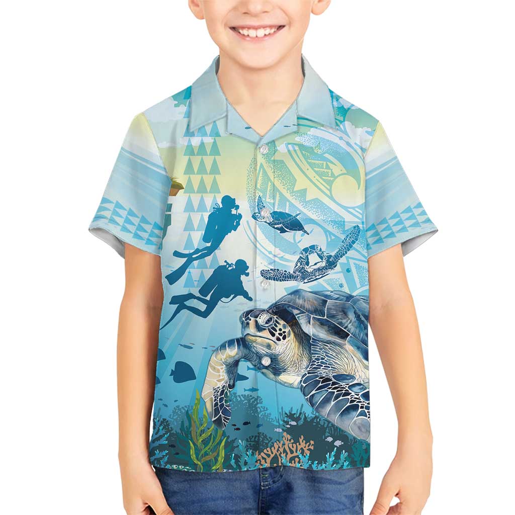 Personalized Snorkeling Hawaii Family Matching Tank Maxi Dress and Hawaiian Shirt Ocean Lover Hawaiian Kakau Honu Turtle LT14 Son's Shirt Cyan - Polynesian Pride