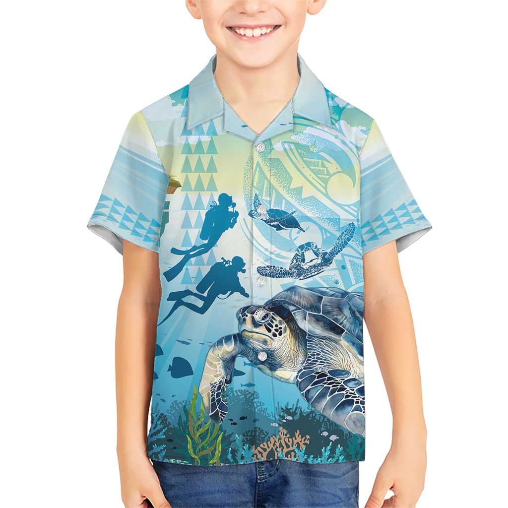 Personalized Snorkeling Hawaii Kid Hawaiian Shirt Ocean Lover Hawaiian Kakau Honu Turtle LT14 Kid Cyan - Polynesian Pride