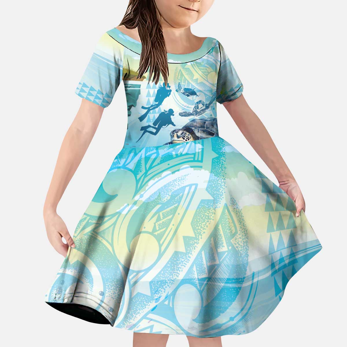 Personalized Snorkeling Hawaii Kid Short Sleeve Dress Ocean Lover Hawaiian Kakau Honu Turtle LT14 KID Cyan - Polynesian Pride