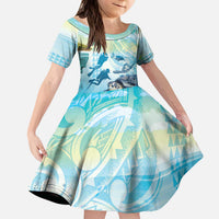 Personalized Snorkeling Hawaii Kid Short Sleeve Dress Ocean Lover Hawaiian Kakau Honu Turtle LT14 KID Cyan - Polynesian Pride