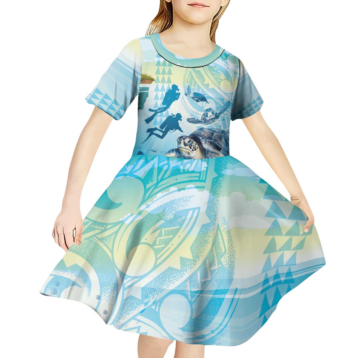 Personalized Snorkeling Hawaii Kid Short Sleeve Dress Ocean Lover Hawaiian Kakau Honu Turtle LT14 - Polynesian Pride