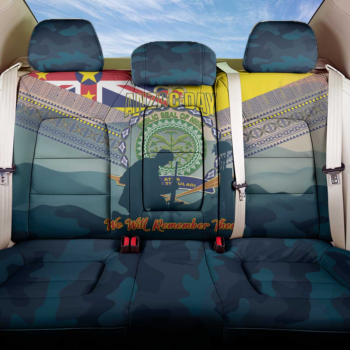 Niue ANZAC Day Back Car Seat Cover We Will Remember Them Camouflage Style LT14 One Size Yellow - Polynesian Pride