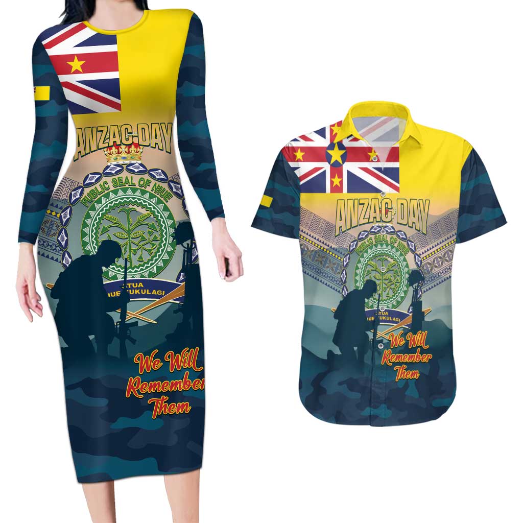 Niue ANZAC Day Couples Matching Long Sleeve Bodycon Dress and Hawaiian Shirt We Will Remember Them Camouflage Style LT14 Yellow - Polynesian Pride