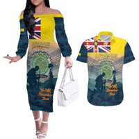 Niue ANZAC Day Couples Matching Off The Shoulder Long Sleeve Dress and Hawaiian Shirt We Will Remember Them Camouflage Style LT14 Yellow - Polynesian Pride
