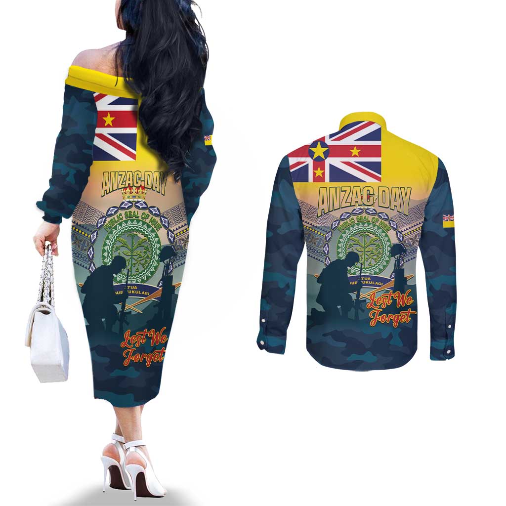Niue ANZAC Day Couples Matching Off The Shoulder Long Sleeve Dress and Long Sleeve Button Shirt We Will Remember Them Camouflage Style
