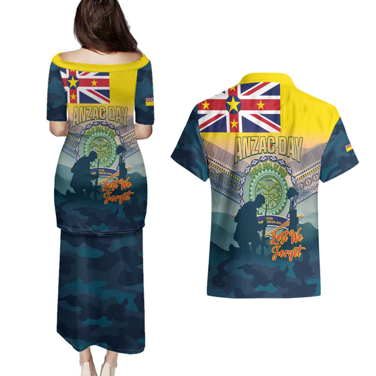 Niue ANZAC Day Couples Matching Puletasi and Hawaiian Shirt We Will Remember Them Camouflage Style LT14 - Polynesian Pride