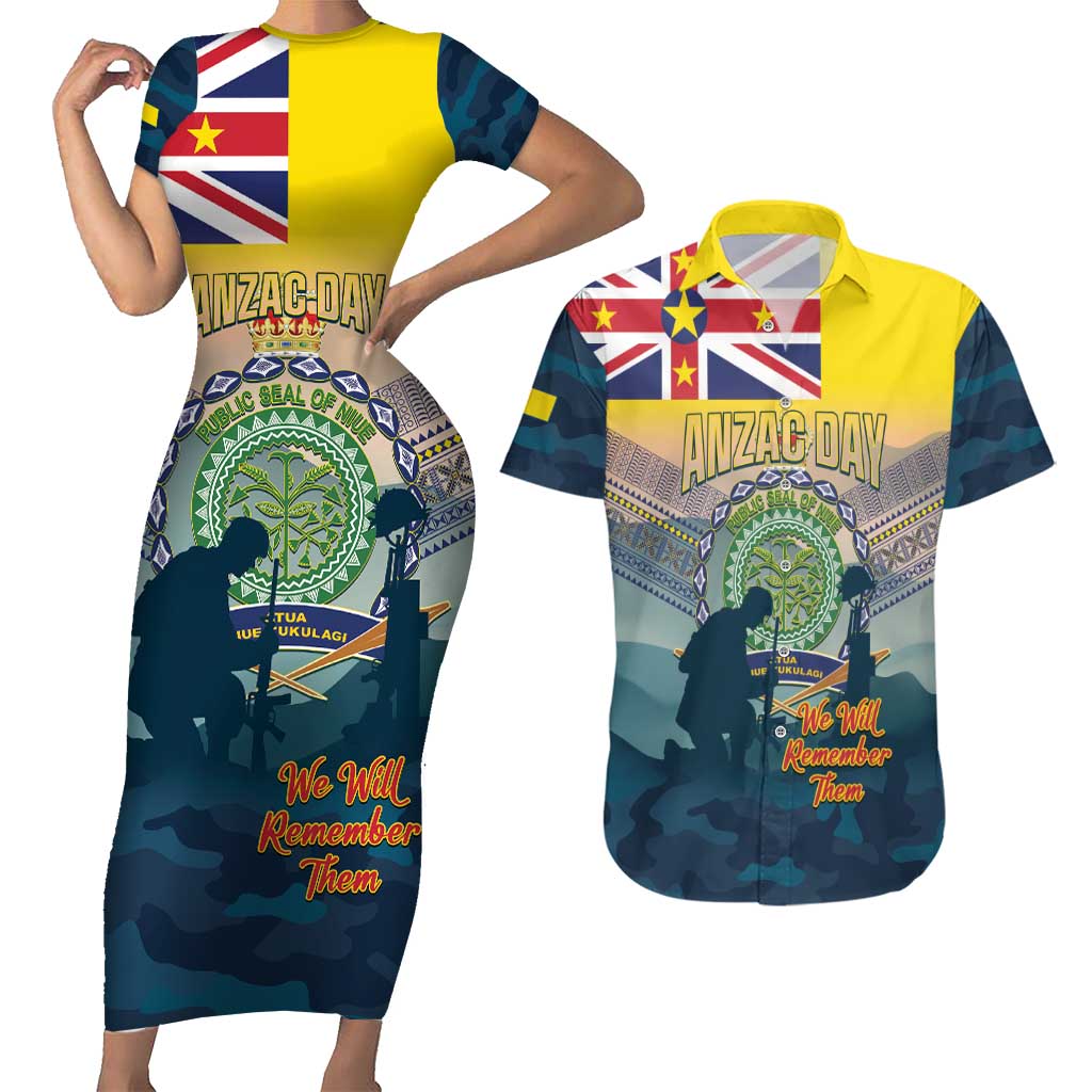 Niue ANZAC Day Couples Matching Short Sleeve Bodycon Dress and Hawaiian Shirt We Will Remember Them Camouflage Style LT14 Yellow - Polynesian Pride