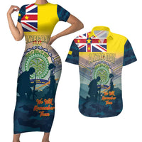 Niue ANZAC Day Couples Matching Short Sleeve Bodycon Dress and Hawaiian Shirt We Will Remember Them Camouflage Style LT14 Yellow - Polynesian Pride