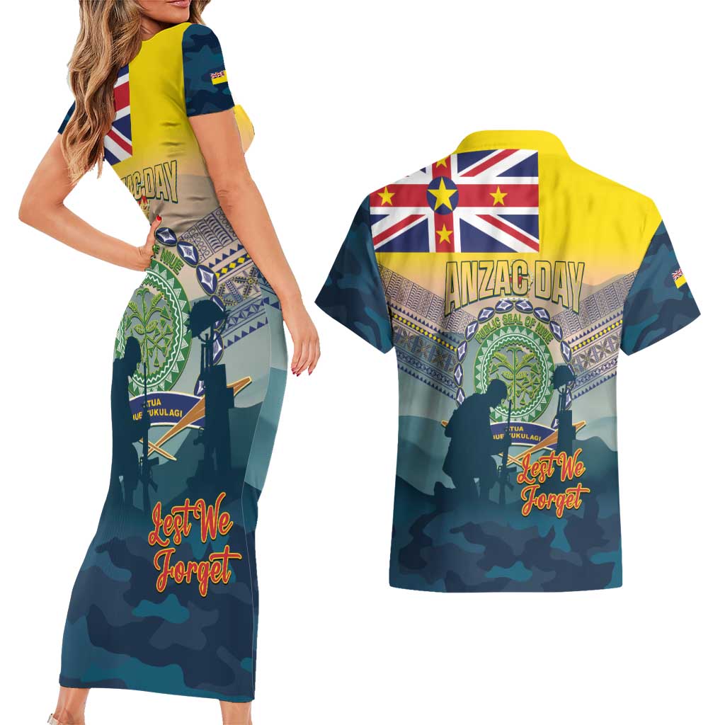 Niue ANZAC Day Couples Matching Short Sleeve Bodycon Dress and Hawaiian Shirt We Will Remember Them Camouflage Style LT14 - Polynesian Pride