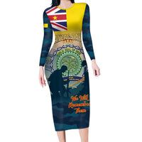 Niue ANZAC Day Family Matching Long Sleeve Bodycon Dress and Hawaiian Shirt We Will Remember Them Camouflage Style LT14 Mom's Dress Yellow - Polynesian Pride