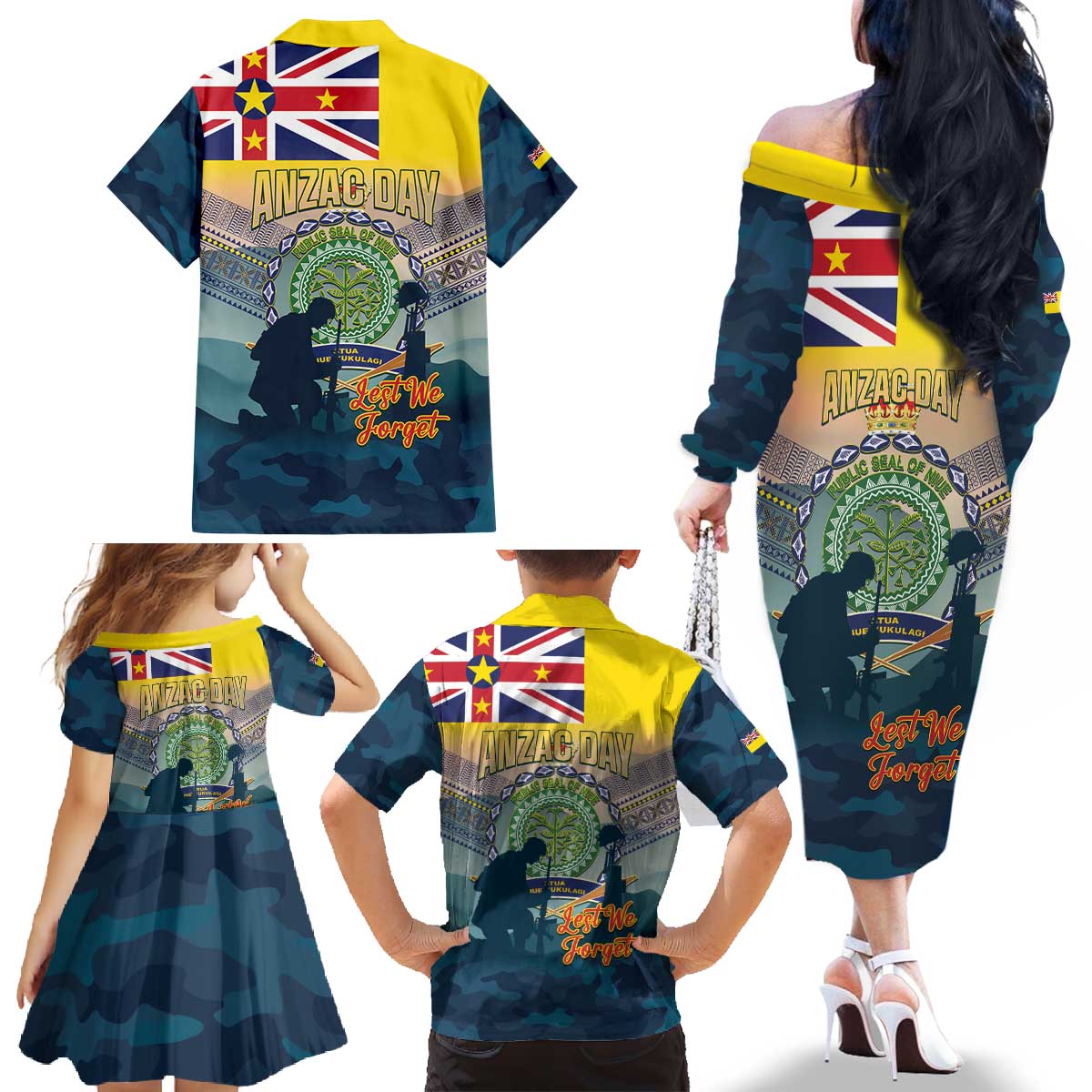 Niue ANZAC Day Family Matching Off The Shoulder Long Sleeve Dress and Hawaiian Shirt We Will Remember Them Camouflage Style LT14 - Polynesian Pride