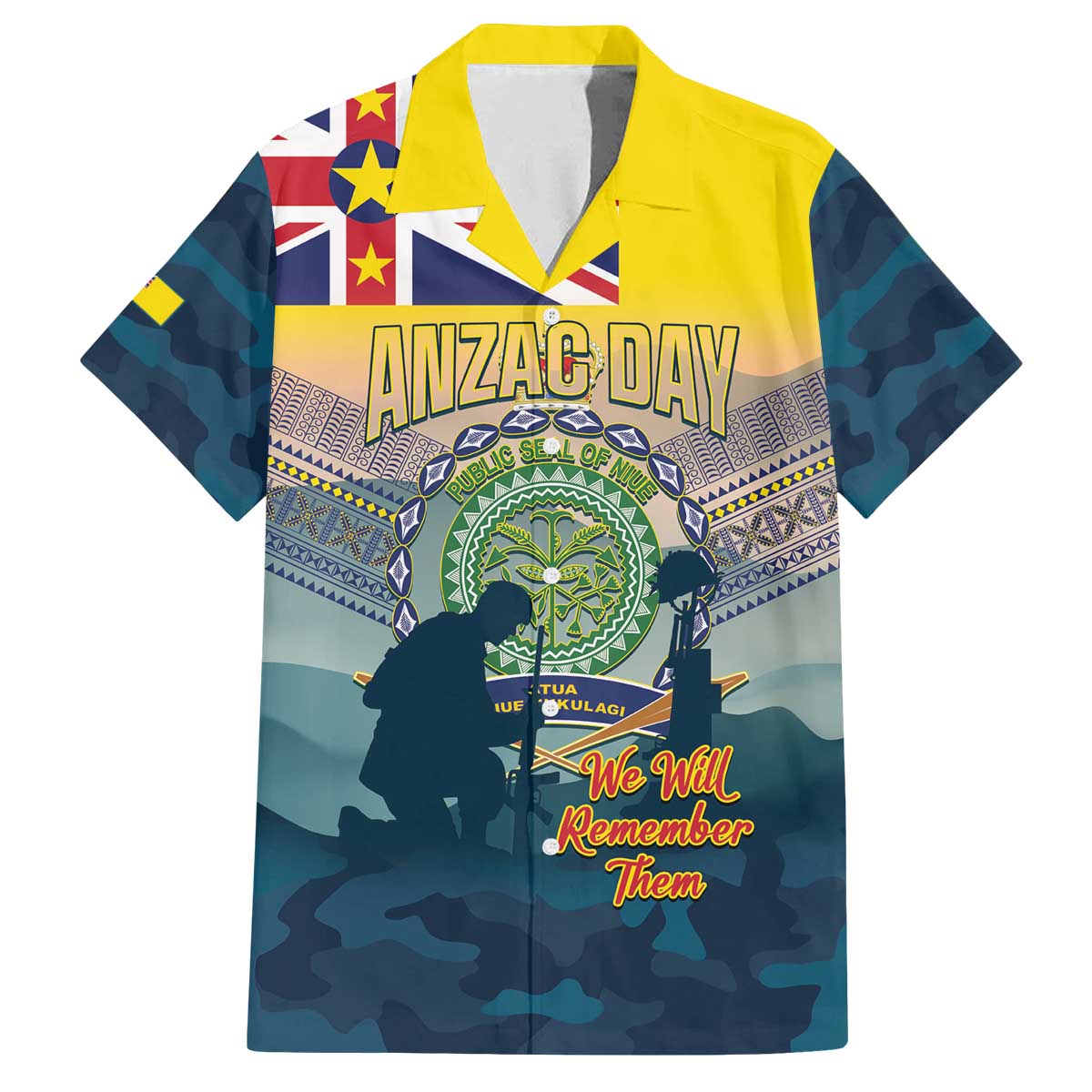Niue ANZAC Day Family Matching Off The Shoulder Long Sleeve Dress and Hawaiian Shirt We Will Remember Them Camouflage Style LT14 Dad's Shirt - Short Sleeve Yellow - Polynesian Pride