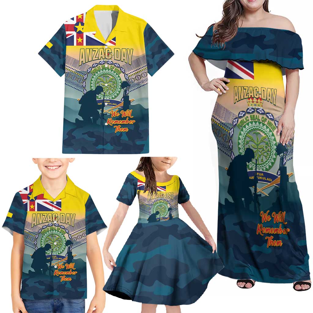 Niue ANZAC Day Family Matching Off Shoulder Maxi Dress and Hawaiian Shirt We Will Remember Them Camouflage Style LT14 - Polynesian Pride
