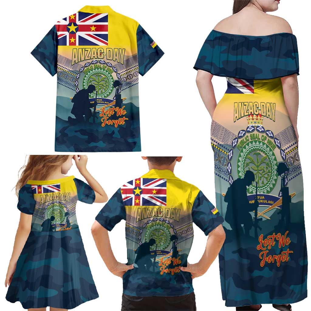 Niue ANZAC Day Family Matching Off Shoulder Maxi Dress and Hawaiian Shirt We Will Remember Them Camouflage Style LT14 - Polynesian Pride