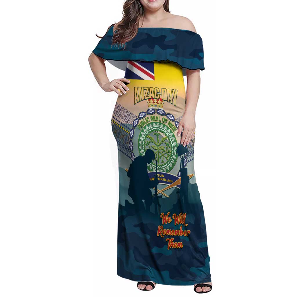 Niue ANZAC Day Family Matching Off Shoulder Maxi Dress and Hawaiian Shirt We Will Remember Them Camouflage Style LT14 Mom's Dress Yellow - Polynesian Pride