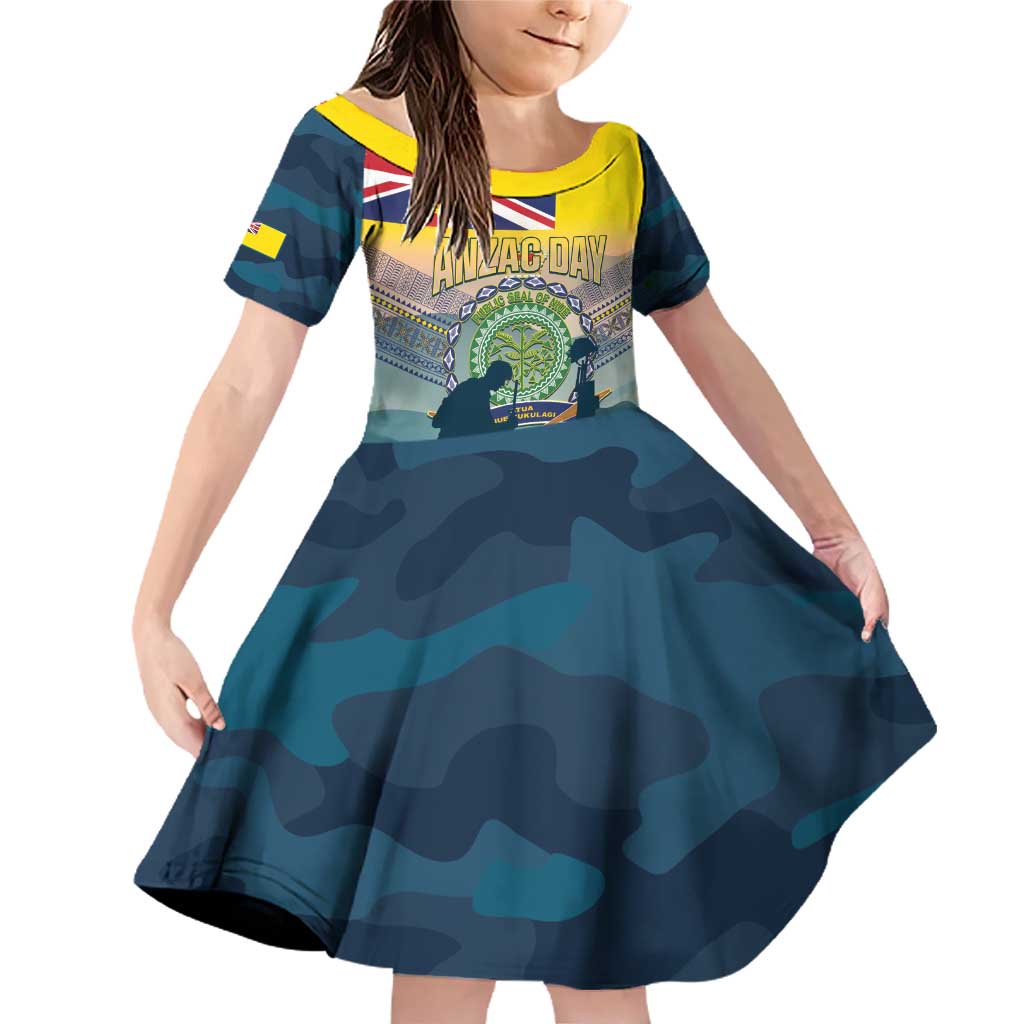 Niue ANZAC Day Family Matching Off Shoulder Short Dress and Hawaiian Shirt We Will Remember Them Camouflage Style LT14 Daughter's Dress Yellow - Polynesian Pride