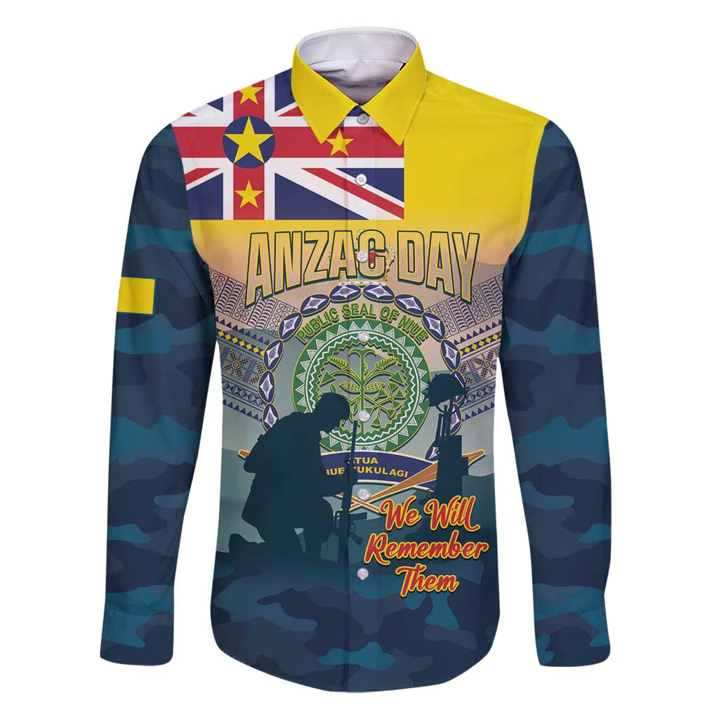 Niue ANZAC Day Family Matching Off Shoulder Short Dress and Hawaiian Shirt We Will Remember Them Camouflage Style LT14 Dad's Shirt - Long Sleeve Yellow - Polynesian Pride