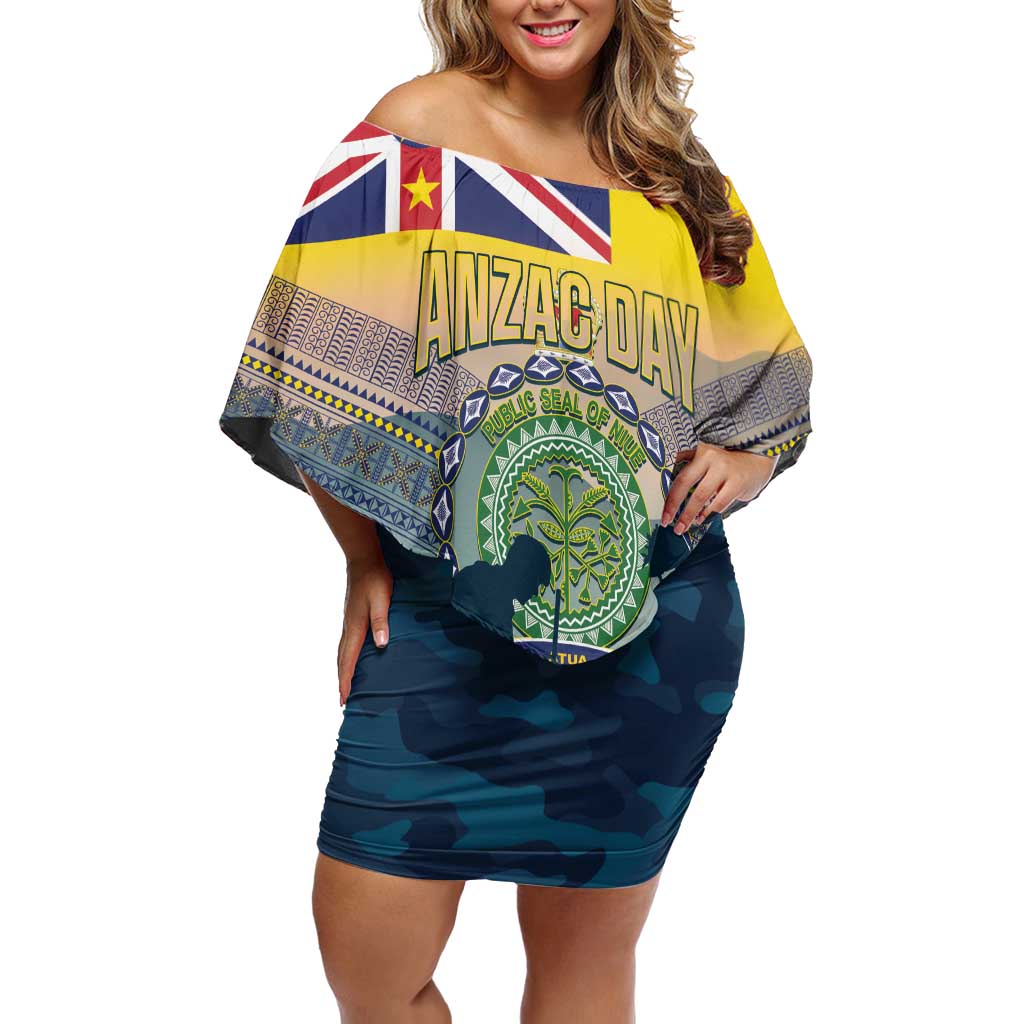 Niue ANZAC Day Family Matching Off Shoulder Short Dress and Hawaiian Shirt We Will Remember Them Camouflage Style LT14 Mom's Dress Yellow - Polynesian Pride