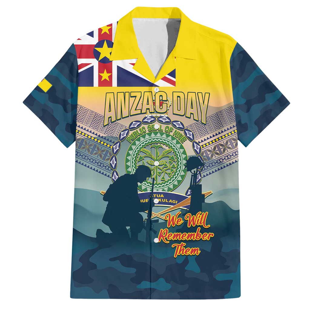 Niue ANZAC Day Family Matching Puletasi and Hawaiian Shirt We Will Remember Them Camouflage Style LT14 Dad's Shirt - Short Sleeve Yellow - Polynesian Pride