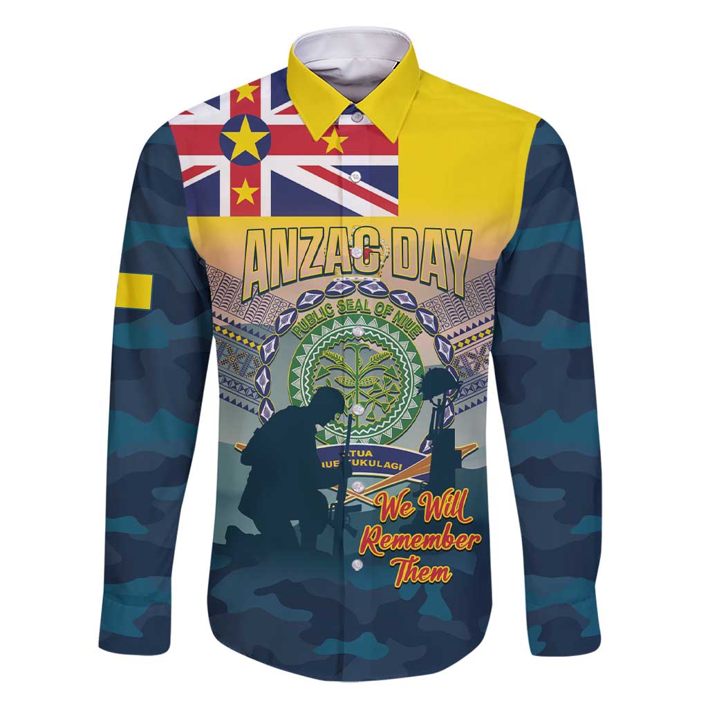 Niue ANZAC Day Family Matching Short Sleeve Bodycon Dress and Hawaiian Shirt We Will Remember Them Camouflage Style LT14 Dad's Shirt - Long Sleeve Yellow - Polynesian Pride