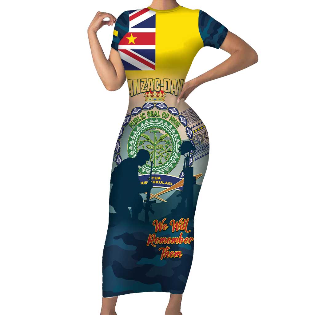 Niue ANZAC Day Family Matching Short Sleeve Bodycon Dress and Hawaiian Shirt We Will Remember Them Camouflage Style LT14 Mom's Dress Yellow - Polynesian Pride