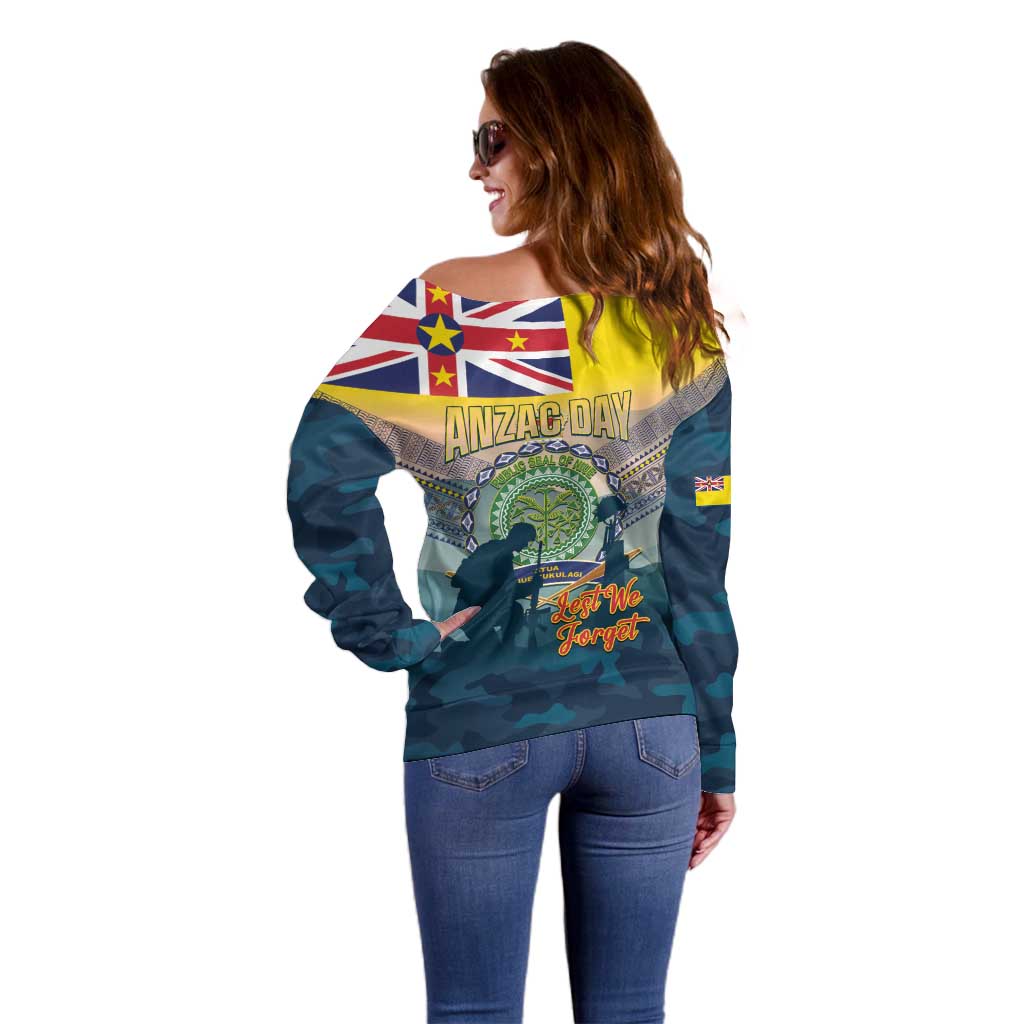 Niue ANZAC Day Off Shoulder Sweater We Will Remember Them Camouflage Style