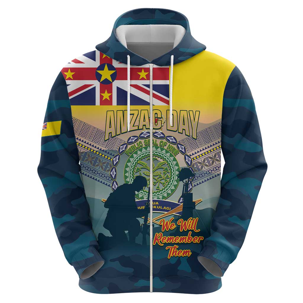 Niue ANZAC Day Zip Hoodie We Will Remember Them Camouflage Style