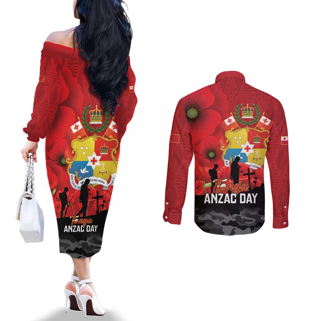 Tonga ANZAC Day Couples Matching Off The Shoulder Long Sleeve Dress and Long Sleeve Button Shirt Ngatu Pattern We Will Remember Them