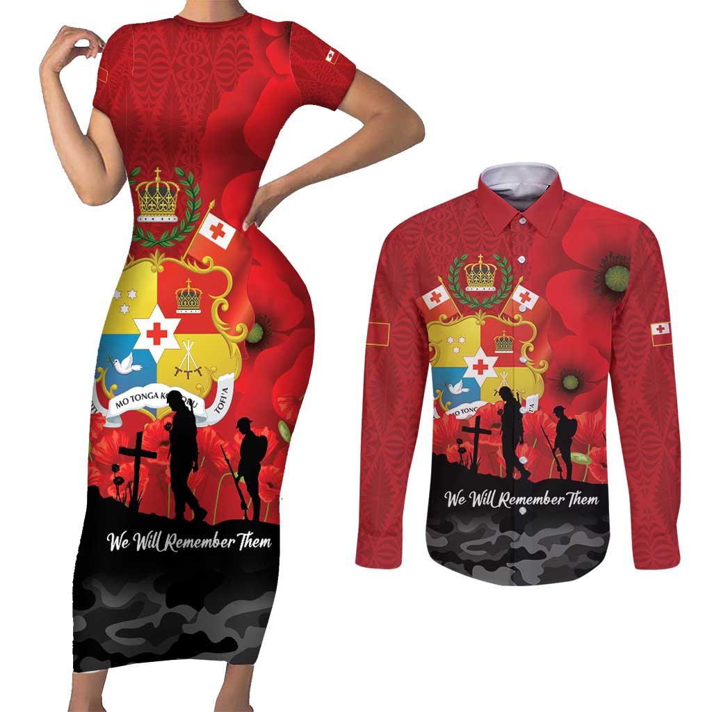 Tonga ANZAC Day Couples Matching Short Sleeve Bodycon Dress and Long Sleeve Button Shirt Ngatu Pattern We Will Remember Them LT14 Red - Polynesian Pride
