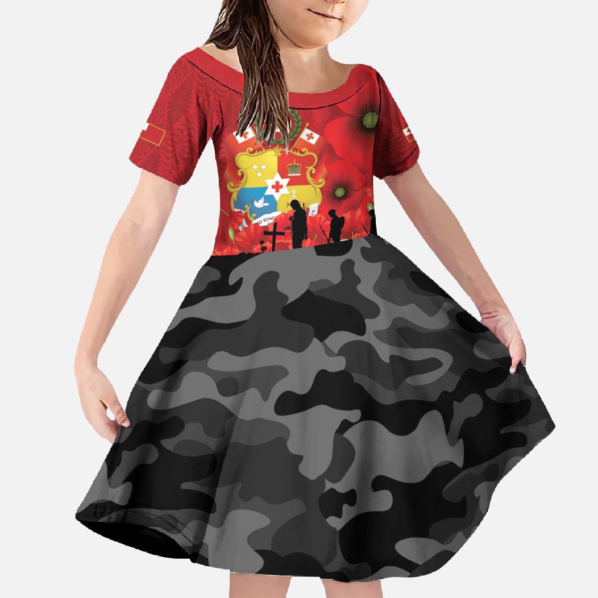 Tonga ANZAC Day Family Matching Off The Shoulder Long Sleeve Dress and Hawaiian Shirt Ngatu Pattern We Will Remember Them LT14 Daughter's Dress Red - Polynesian Pride