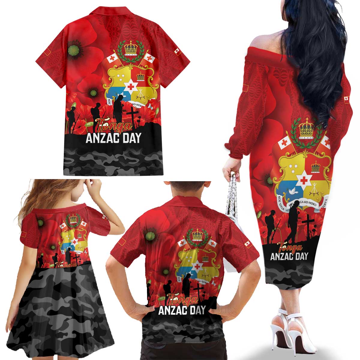 Tonga ANZAC Day Family Matching Off The Shoulder Long Sleeve Dress and Hawaiian Shirt Ngatu Pattern We Will Remember Them LT14 - Polynesian Pride