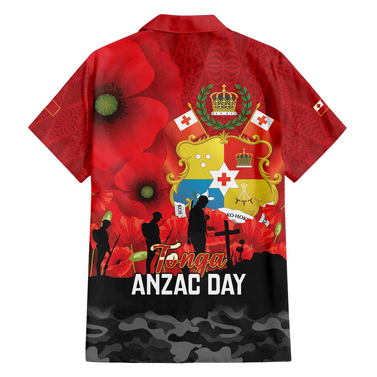 Tonga ANZAC Day Family Matching Off The Shoulder Long Sleeve Dress and Hawaiian Shirt Ngatu Pattern We Will Remember Them LT14 - Polynesian Pride