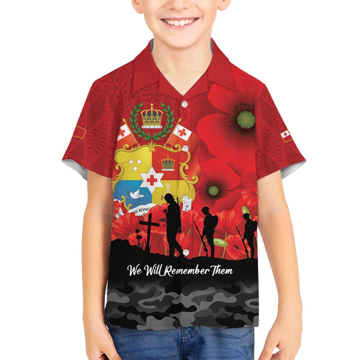 Tonga ANZAC Day Family Matching Off The Shoulder Long Sleeve Dress and Hawaiian Shirt Ngatu Pattern We Will Remember Them LT14 Son's Shirt Red - Polynesian Pride
