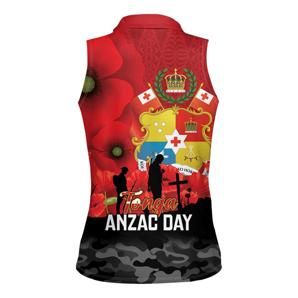 Tonga ANZAC Day Women Sleeveless Polo Shirt Ngatu Pattern We Will Remember Them LT14 - Polynesian Pride