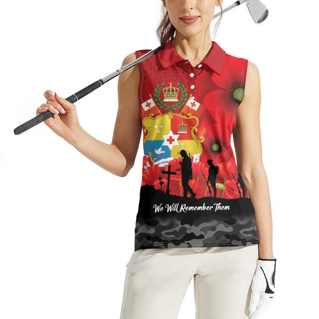 Tonga ANZAC Day Women Sleeveless Polo Shirt Ngatu Pattern We Will Remember Them LT14 - Polynesian Pride