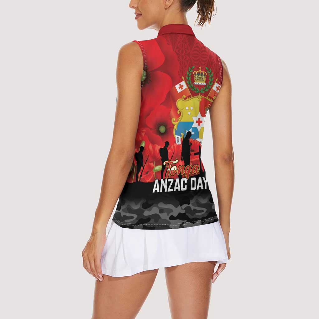 Tonga ANZAC Day Women Sleeveless Polo Shirt Ngatu Pattern We Will Remember Them LT14 - Polynesian Pride