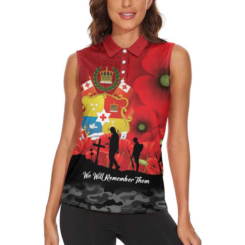 Tonga ANZAC Day Women Sleeveless Polo Shirt Ngatu Pattern We Will Remember Them LT14 - Polynesian Pride