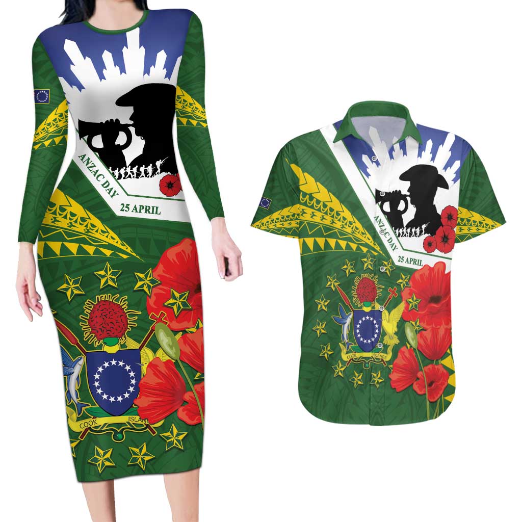 Cook Islands ANZAC Day Couples Matching Long Sleeve Bodycon Dress and Hawaiian Shirt Last Post Lest We Forget LT14 Green - Polynesian Pride