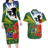 Cook Islands ANZAC Day Couples Matching Long Sleeve Bodycon Dress and Hawaiian Shirt Last Post Lest We Forget LT14 Green - Polynesian Pride