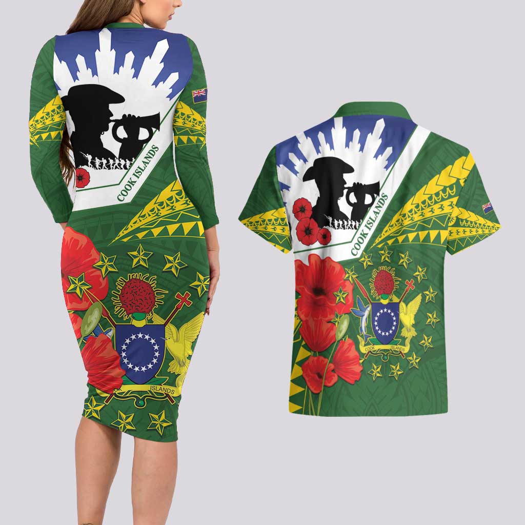 Cook Islands ANZAC Day Couples Matching Long Sleeve Bodycon Dress and Hawaiian Shirt Last Post Lest We Forget LT14 - Polynesian Pride